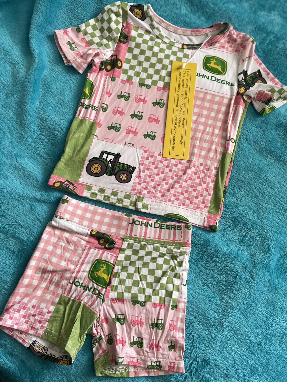 John Deere Pink & Green Patchwork Tractor Kids Pajama Set